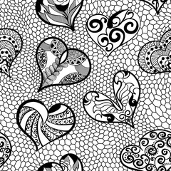 Seamless pattern of hearts in an ethnic, doodle, zentangle style 