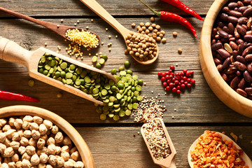 Bowls and spoons of various legumes