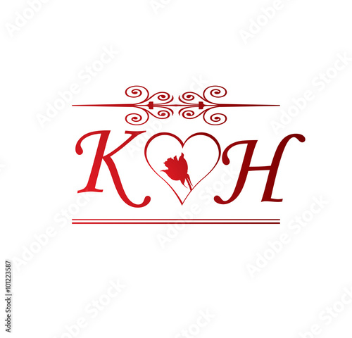 Hk Love Initial With Red Heart And Rose Stock Image And Royalty