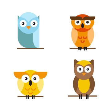 Set of bright vector owls, who are sitting on a tree branch. Cute owls cartoon characters made in line art style.
