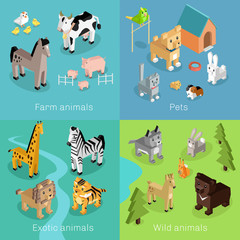 Wild Exotic and Farm Animal Set Isometric