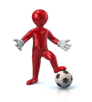 Red cartoon character man standing on a soccer ball