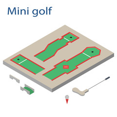 Isometric sport object. Mini golf playground isolated on white. Sports infrastructure vector. Isometric golf course, ball, golf club and equipment vector. Location for web, app, game, informing
