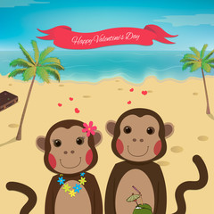 Summer holidays card with romantic couple monkeys. Valentines day card. Summer background. Beautiful Monkey. Vector illustration