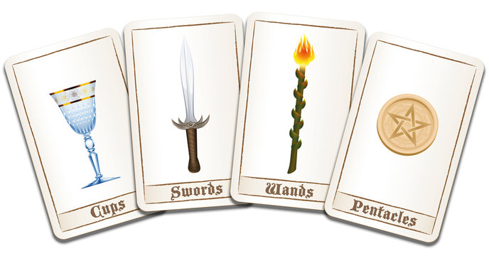 Tarot Cards Fanned Out With Four Suits: Wands, Coins, Swords And Cups. Isolated Vector Illustration On White Background.