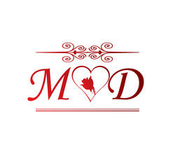 MD love initial with red heart and rose