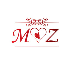 MZ love initial with red heart and rose