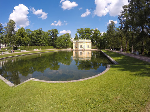 Upper Trough or Mylnya of Their Highnesses pavilion on the bank of the Mirror pond. Catherine Park. Pushkin (Tsarskoye Selo). Petersburg