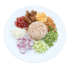 Rice Mixed with Shrimp paste (Kao Cluk Ka Pi) on white backgroun - obrazy, fototapety, plakaty