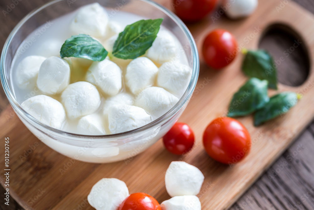 Poster bowl of bocconcini mozzarella with fresh cherry tomatoes