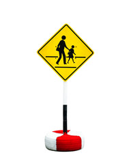 Yellow and black sign with a pedestrian crossing the road.