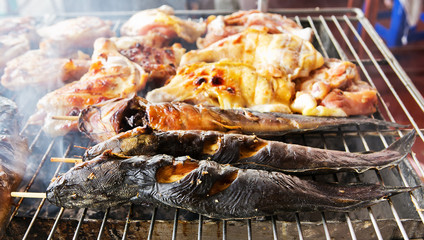 Grilled fish and grilled chicken.