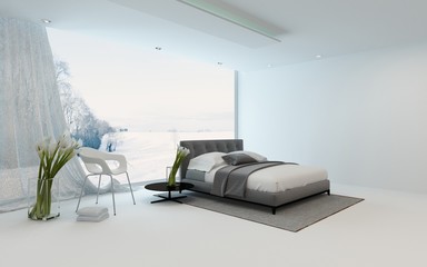Fototapeta premium Modern cool bedroom interior overlooking a garden