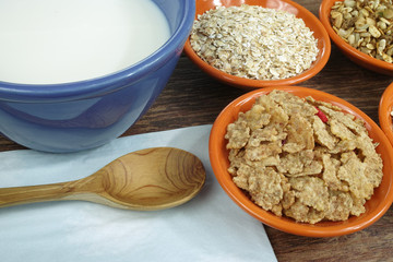 Four small bowls with different cereals and bowl with milk, healthy food