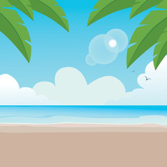 Fototapeta na wymiar Illustration of paradisaical tranquil beach background scene with palm trees