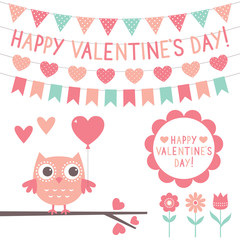 Valentines Day set - cute owl and decoration