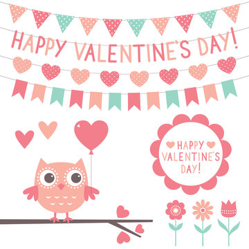 Valentines Day set - cute owl and decoration