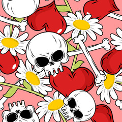 Love and death seamless pattern. Red heart and skull. Background