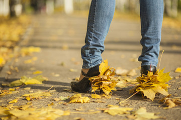 Autumn leaves on heels of women's shoes