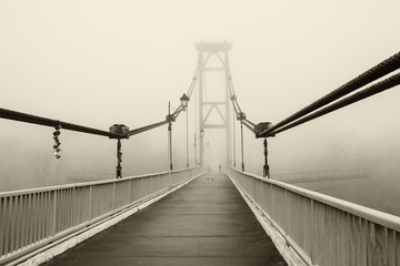 The bridge in the fog, black and white