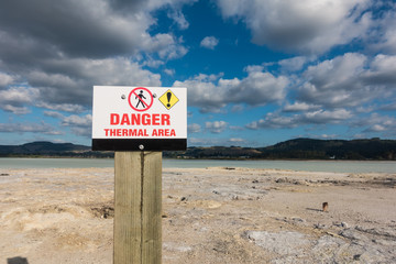 Thermal area danger shield in New Zealand Lake Rotorua