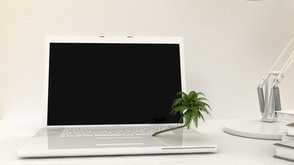Empty screen with palm tree on white notebook, laptop. Internet, web booking concept.