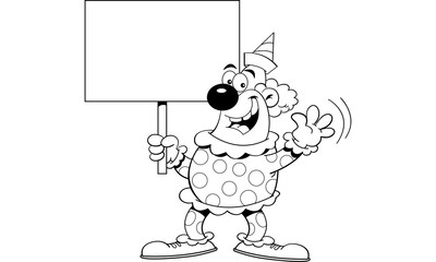 Black and white illustration of a clown holding a sign.