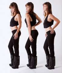 Triptych of Woman in Black Crop Top, Pants, and Boots
