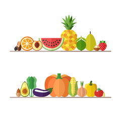 Vegetables, fruits and nuts illustrations vector set. Modern flat design. Isolated objects. Part two.