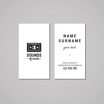 Music Studio Business Card Design Concept. Music Studio Logo With Music Cassette. Vintage, Hipster And Retro Style. Black And White.