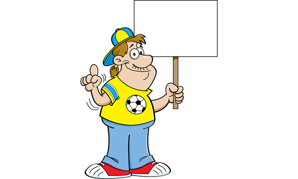 Cartoon illustration of a soccer fan holding a sign.