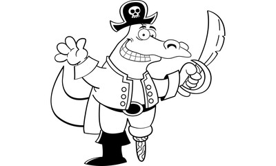 Black and white illustration of an alligator dressed as a pirate.