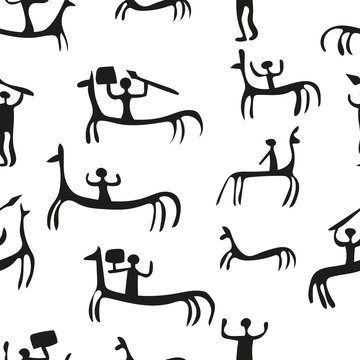 Rock painting seamless pattern. Black and white background. 