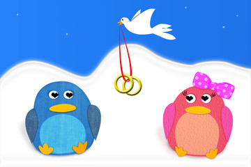 A white Dove bringing Wedding Band Rings to a Penguin Couple.