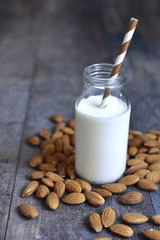 Almond milk in a bottle.