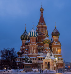 Cathedral of St. Basil covered in snow at dawn