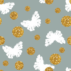 Seamless pattern with hand drawn butterflies and golden dots.