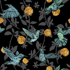 Hummingbird seamless pattern with golden dots. Hand drawn tropical endless background.