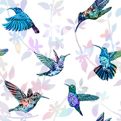 Hummingbird seamless pattern. Hand drawn tropical exotic background.