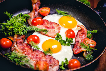 Scrambled eggs with bacon delicious breakfast