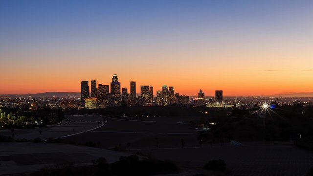 4K timelapse of Los Angeles downtown sunset from dodger stadium, California