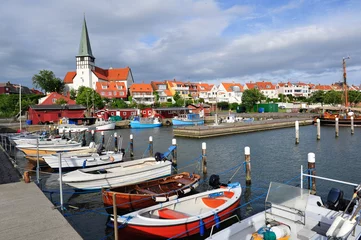 Poster Marina and white church in Ronne, Bornholm, Denmark © Cinematographer