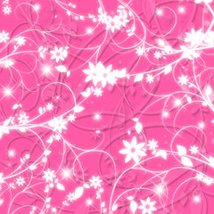 Cute spring illustration with flowers. on a pink background are shown twisted stalks of flowers and leaves. the branches shine from the inside. between shining stars.
