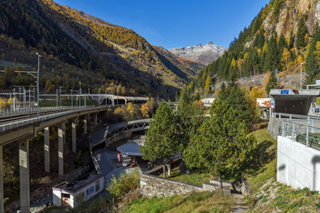 Fototapeta na wymiar Amazing panorama of Alps and Lotschberg Tunnel under the mountain, Switzerland