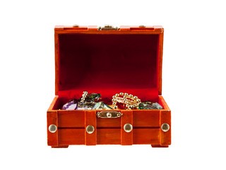 Open Wooden Treasure Chest Full Of Coins And Jewels