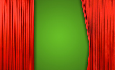 Red curtain on theater or cinema stage slightly open on green background