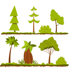 Set of  stylized trees and bushes. Vector cartoon illustration.
