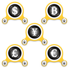 Yellow abstract icons and currencies symbols