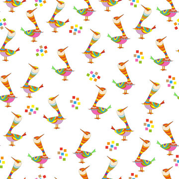 Abstract colorful birds seamless pattern on white background.