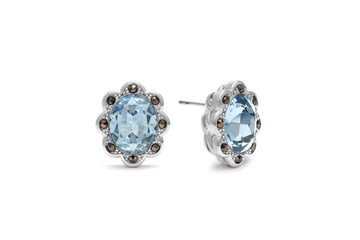 Beautiful Aquamarine Gemstone & Marcasite Flower Earrings